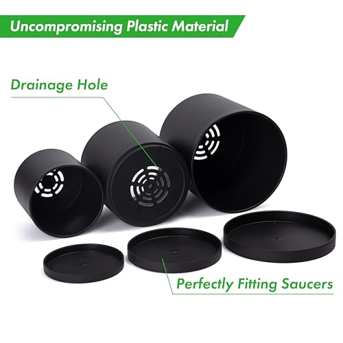 D'vine Dev 3-Pack Plastic Pots & Saucers, 4/5/6 in, Black, 74-V-B-1 | Multi-Size Options, Lightweight Durable, Matte Finish, Cylinder Shape, Drainage Holes, Sleek Design, Detachable Saucer - color: Matte Black, size: Small