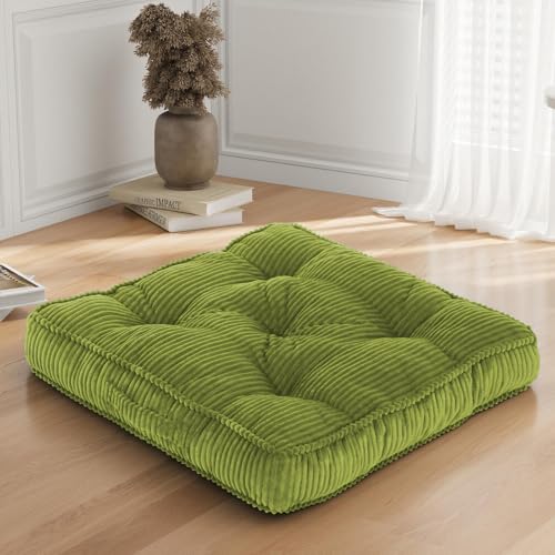 Meditation Floor Cushion, 24x24 Tufted Floor Pillow for Adults | Square Large Meditation Cushion Pillow, Light Green Corduroy Sitting with Handle, Yoga Seating for Tatami, 1Pack - color: Light Green, size: 24x24x4 inch