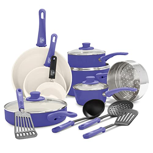 GreenLife 16 Piece Ceramic Nonstick Pots & Pans Cookware Set, Periwinkle | PFAS-Free Nonstick Coating, Stockpot, Frying Pans, Saucepans, Sauté Pan, Stay-Cool Handles, Dishwasher & Oven Safe up to 350F - color: Periwinkle, style: Soft Grip