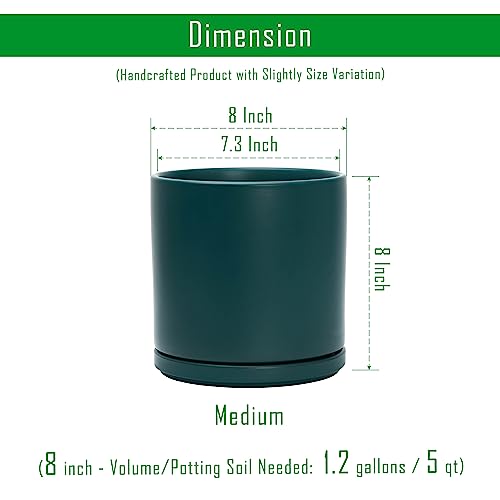 D'vine Dev 8 Inch Ceramic Planter Pot, Teal, 94-O-D-9 | Modern Cylinder Design, Drainage Hole & Saucer Included, Stable Structure, Elegant Home Accent - color: Teal, size: Medium