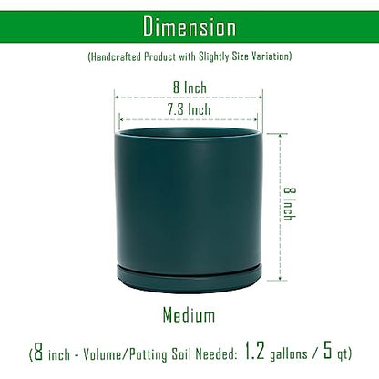 D'vine Dev 8 Inch Ceramic Planter Pot, Teal, 94-O-D-9 | Modern Cylinder Design, Drainage Hole & Saucer Included, Stable Structure, Elegant Home Accent - color: Teal, size: Medium