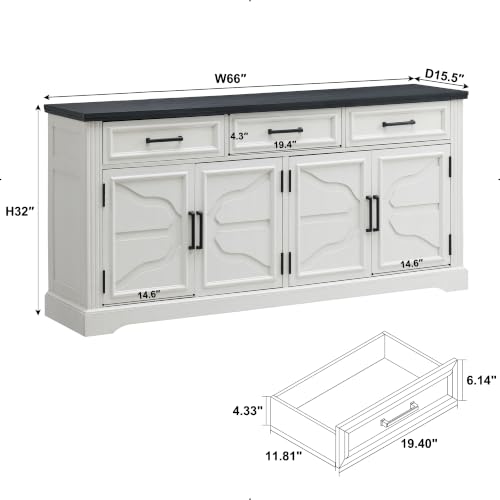 66" Farmhouse Buffet Cabinet with Storage, Sideboard Credenza, Carved Cloud-Inspired Doors, 3 Drawers & Adjustable Shelves, Coffee Bar Cabinet, Off White - color: Off White