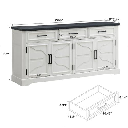 66" Farmhouse Buffet Cabinet with Storage, Sideboard Credenza, Carved Cloud-Inspired Doors, 3 Drawers & Adjustable Shelves, Coffee Bar Cabinet, Off White - color: Off White
