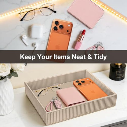 SITHON Valet Tray Desk Organizer PU Leather Catchall | Bedside Vanity Tray Nightstand Caddy Coin Box Key Jewelry Storage Organizer, Graduation, Stripe Latte - color: Stripe Latte