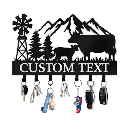 Personalized Key Holder for Wall, Farm Theme Metal Key Holder Wall Mount, Custom Name Keys Hanger Tools Holder with Cow Cattle, Decorative Mountain Keys Hooks Gifts for Farmers - color: Color02