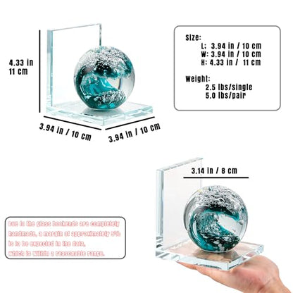 Glass Book Ends for Shelves, Dark Blue Hand Blown Sea Wave Ball, Set of 2 - color: Dark Blue