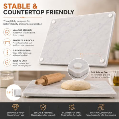 Marble Cheese & Pastry Cutting Board, 16 x 12 Inch, White | Natural Carrara Marble, Serving Tray, For Dough, Bread, Pizza, Charcuterie, Heavy, Non-Slip - color: White, size: 16"L x 12"W