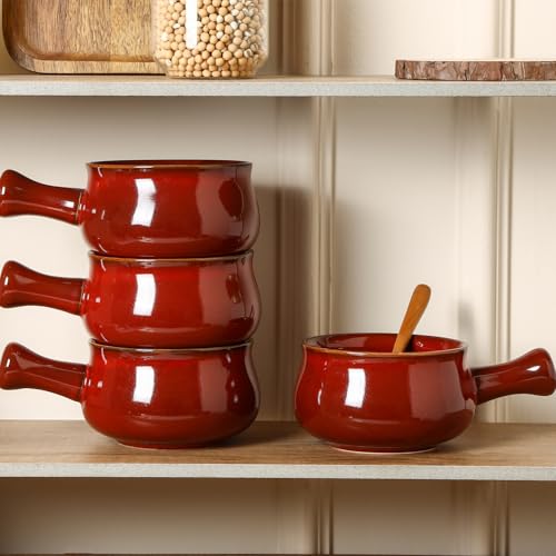 vicrays French Onion Soup Bowls With Handles, 26 Ounce for Soup, Chili, Beef Stew, Chip Resistant, Dishwasher Microwave Safe, Set of 4 (Cherry Red) - color: Cherry Red