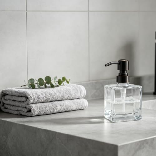 Hand Soap Dispenser Square with Oil Rubbed Bronze Pump, 8.4 oz Liquid Clear Glass Soap Dispenser with Stainless Steel Pump for Dish Soap Bathroom Kitchen Vanity Countertop - color: Oil Rubbed Bronze, size: 8.4 oz