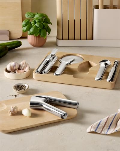 Caraway 5-Piece Stainless Steel Kitchen Gadget Set | Can Opener, Pizza Cutter, Garlic Press, Ice Cream Scoop, Vegetable Peeler, and Storage Organizer, Kitchen Essentials