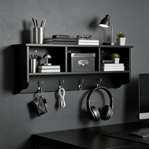 38.6inch Wall Mounted Entryway Coat Rack with Storage Shelf 4 Dual Hooks Wooden Storage Living Room Wall Cabinet with 3 Cubbies Space Saving Hanging Shelf for Hats Bags Coats (Espresso) - color: Espresso