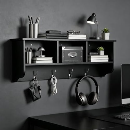 38.6inch Wall Mounted Entryway Coat Rack with Storage Shelf 4 Dual Hooks Wooden Storage Living Room Wall Cabinet with 3 Cubbies Space Saving Hanging Shelf for Hats Bags Coats (Espresso) - color: Espresso