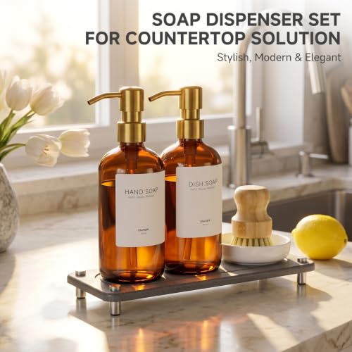 Kitchen Soap Dispenser Set, 2 Pack 16oz Amber Glass Dish Soap and Hand Soap Dispenser with Gold Stainless Steel Pumps, Quick Dry Tray, Dish Brush & Holder, Refillable Soap Dispenser for Kitchen Sink
