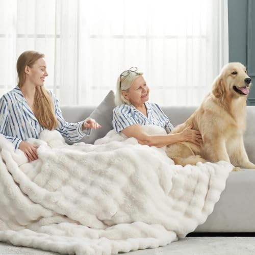Cozy Bliss Faux Fur Throw Blanket for Couch, Fuzzy Soft Plush Thick Bubble Blanket for Sofa Bedroom Living Room, 60 * 80 Inches Cream White - color: Cream White, size: Twin(60" x 80")