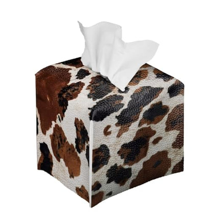 Brown Cow Print Square Tissue Box Holder with Bottom Belt Foldable Napkin Facial Tissue Holder Dispenser Home Car Office Paper Organizer - color: Brown Cow Print