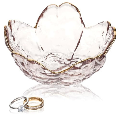 Ouligay Small Cute Jewelry Dish Tray Flower Jewelry Ring Dish Trinket Tray Ring Holder for Women Glass Jewelry Plate Dish with Gilt-Edged Blossom Design Gift for Wife Mom Daughter(Pink) - color: Pink
