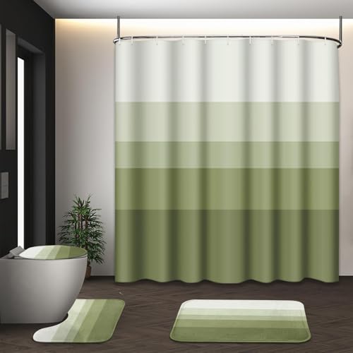 Bathroom Sets with Shower Curtain and Rugs, 4 Pcs, Ombre Striped | Minimalist Green Modern Bathroom Decor Set with Toilet Lid Cover, Non-Slip Bath Mats and Accessories 12 Hooks - color: Ombre Green