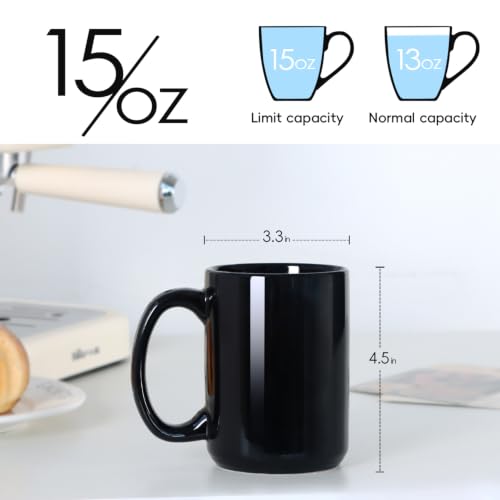 15 OZ Coffee Mugs, Classic Blank Ceramic Cup with Large Handle for Tea Latte Cappuccino, Set of 4, Black - color: Black