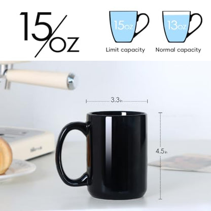 15 OZ Coffee Mugs, Classic Blank Ceramic Cup with Large Handle for Tea Latte Cappuccino, Set of 4, Black - color: Black
