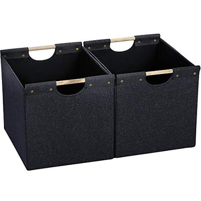 HOONEX Large Collapsible Storage Bins, Linen Fabric, 2 Pack, Storage Baskets with Wooden Carry Handles and Sturdy Heavy Cardboard, for Home, Office, Car, Nursery, Dark Grey - color: Dark Grey