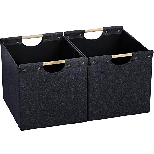 HOONEX Large Collapsible Storage Bins, Linen Fabric, 2 Pack, Storage Baskets with Wooden Carry Handles and Sturdy Heavy Cardboard, for Home, Office, Car, Nursery, Dark Grey - color: Dark Grey