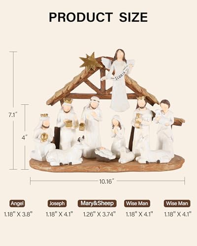12 Set Nativity Scene Resin Figurines – Handcrafted Christmas Crèche with Holy Family, Mar Joseph Angel Wise Men Animals Stable – Religious Holiday Xmas Decoration for Home Church Mantel (Beige)