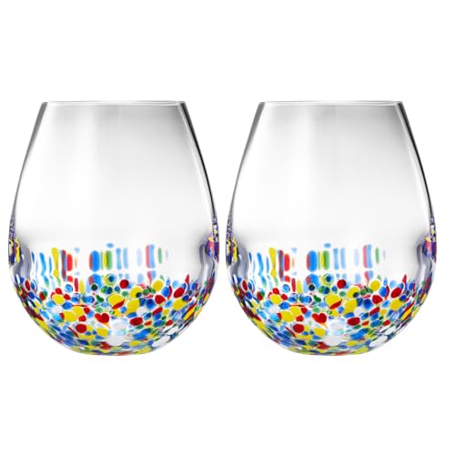 Large Stemless Wine Glasses – Set of 2-14oz Luxury Hand Blown Confetti Margaritas, Martini, Cocktails, Water, Wine, Dessert & Champagne Glasses Cinco de Mayo, Hand Blown - Mexican Confetti Glass - style: Mexican Confetti Wine Glass
