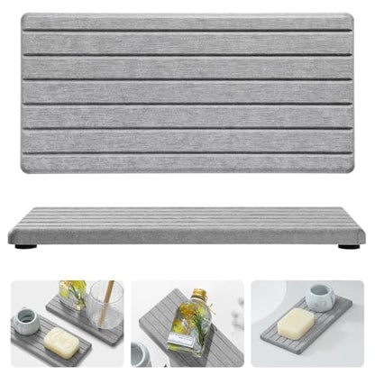 2PCS Instant Dry Diatomite Stone Counter Makeup Tray Organizer, Fast Drying Caddy Kitchen Sponge Holder Mat, Bathroom Vanity Toothbrush Bottle Dispenser Soap Dish Rack, Light Gray, 8"x 3.8" - color: 2pcs - 8"x 3.8" - Light Gray