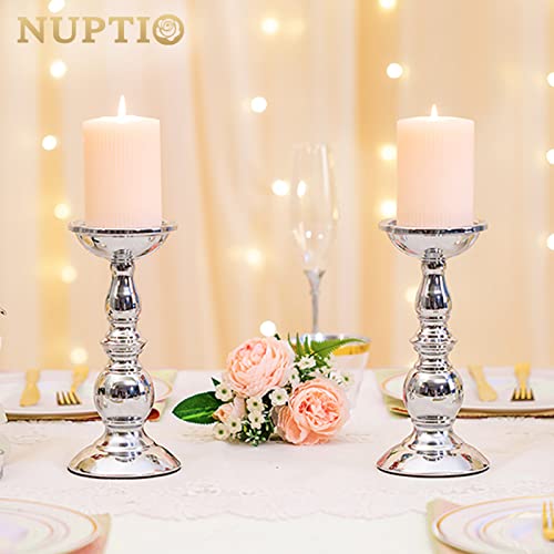 Nuptio Silver Pillar Candle Holders, Wedding Centerpieces Metal Candle Holder for 3 inches Candles Stand Decoration Ideal for Weddings Special Events Parties Living Room, 2 Pcs | (2 x L) Metal Candle Stand Decoration Ideal for Weddings Special Events Part