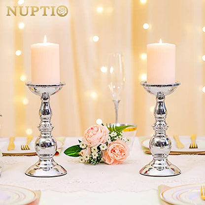 Nuptio Silver Pillar Candle Holders, Wedding Centerpieces Metal Candle Holder for 3 inches Candles Stand Decoration Ideal for Weddings Special Events Parties Living Room, 2 Pcs | (2 x L) Metal Candle Stand Decoration Ideal for Weddings Special Events Part