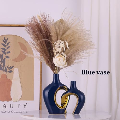 Ceramic Vases Set - Small Blue Vases for Farmhouse, Living Room, Table and Fireplace Decor