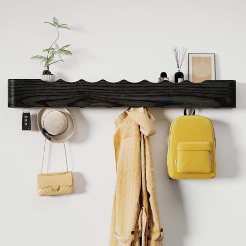 Coat Rack Wall Mount with Shelf 8 Hidden Hooks Modern Wooden Key Holder Entryway Organizer for Hallway Bedroom Bathroom Home Decor Storage for Hanging Coats Hats Bags Towels, Wave-Shape Black - color: Black Wave-Shape, size: 8 Hooks