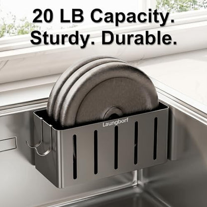 Kitchen Sink Sponge Holder, Gray (1 Pack) | Rustproof carbon steel with fast drainage holes. 2 hooks & 4 adhesive pads. No-drill square caddy for flat wall or ledge - size: Square Kitchen Sink Sponge Holder