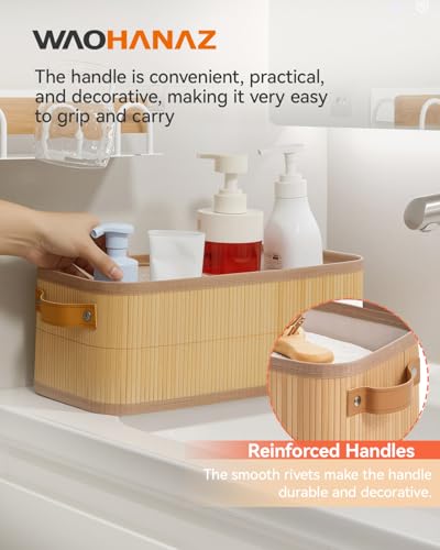 Narrow Storage Bins, Small Basket for Closet and Shelves, Bamboo Toilet Paper Storage Organizer with Handles for Countertop-Bathroom-Home Decor, 2-Pack