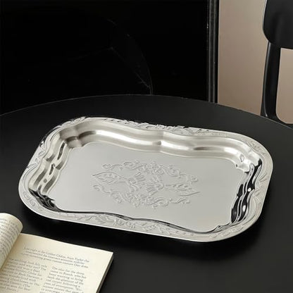 Metal Food Tray Stainless Steel Floral Engraved Party Platters for Displaying Fruits Dessert and Cupcakes Wedding Decors Metal Engraved Serving Tray