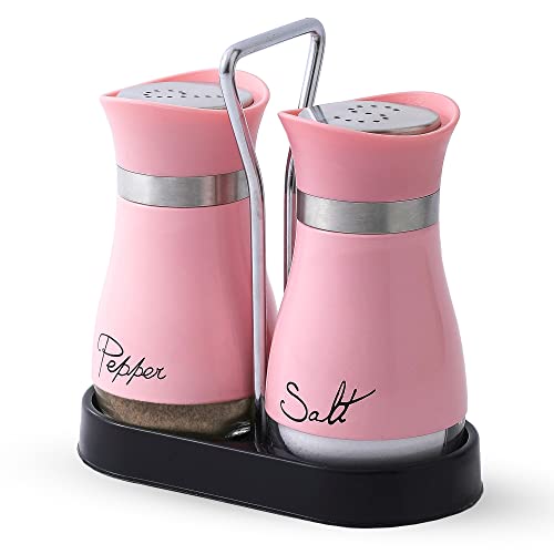 Salt and Pepper Shakers Set | Stainless Steel with Glass Bottle for Table, RV, Camp, BBQ, Set of 2, Pink - color: Pink