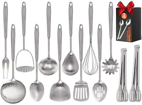 304 Stainless Steel Kitchen Utensils Set - 15PCS Long Metal Cooking Utensil Serving Utensils Set, Masher, Whisk, Turner, Serving Spoon, Fork, Tongs, Skimmer, Ladle, etc (Dishwasher Safe)