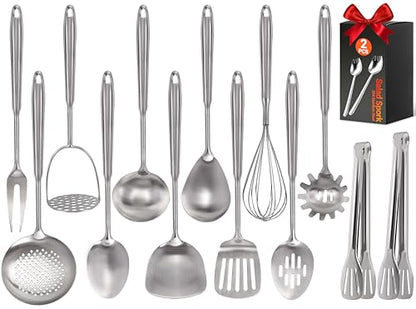 304 Stainless Steel Kitchen Utensils Set - 15PCS Long Metal Cooking Utensil Serving Utensils Set, Masher, Whisk, Turner, Serving Spoon, Fork, Tongs, Skimmer, Ladle, etc (Dishwasher Safe)