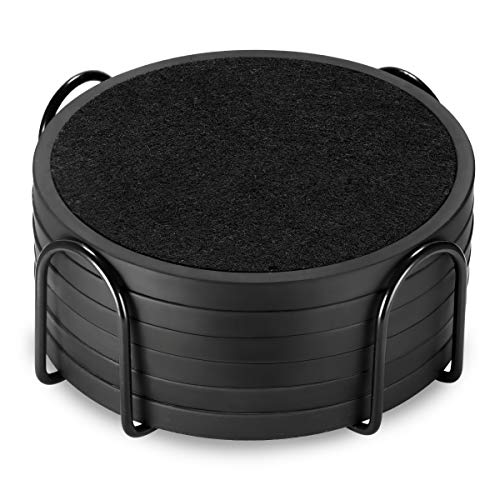 Absorbent Coasters for Drinks with Holder - 6packs, Silicone Coaster with Soft Felt Insert, Black (Coasters with Holder, Black) - color: Black