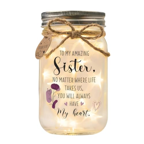 Solmay Sister Birthday Gifts, Birthday Gifts for Sister Adult Keepsake Jar | Sister gifts for women, warm glowing glass keepsake with a heartfelt message, purple floral artwork, and rustic twine details - color: Sister