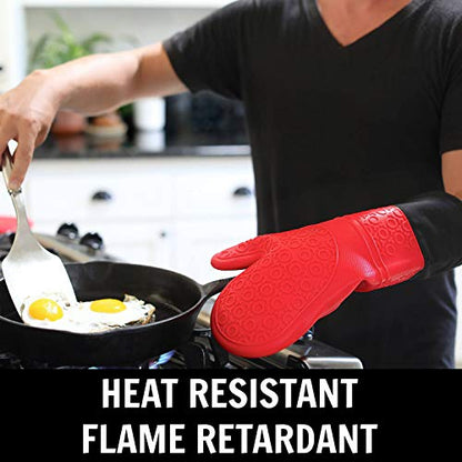 Homwe Silicone Oven Mitts and Potholders (4-Piece Sets) Heavy Duty Cooking Gloves, Kitchen Counter Safe Trivet Mats | Advanced Heat Resistant, Non-Slip Textured Grip Pot Holders(Red) - color: Canyon Red, size: 4-Piece Oven Mitts & Trivets Set