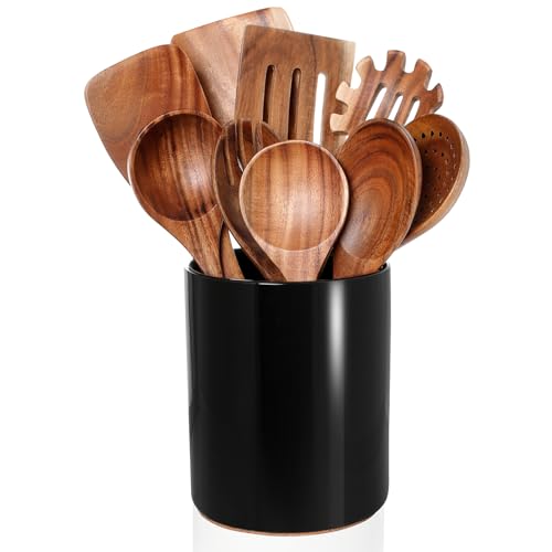 Wooden Cooking Utensils Set with Ceramic Holder,10pcs Teak Wood Utensils | Holder for Countertop with Protection Cork Bottom, Nonstick Spoons, Cooking Spatula Set, Kitchen Decor, (Black) - color: Black (wood )