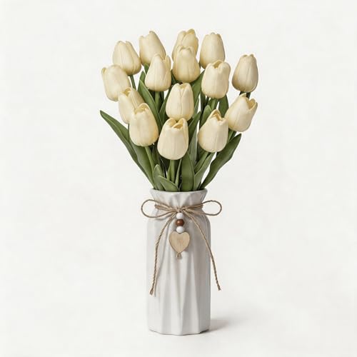 Artificial Tulip Flower Arrangement in Ceramic Vase with Rustic Heart Charm, 15 PCS PU Real Touch Faux Floral Table Centerpiece for Home, Dining Table, Wedding Décor, Beige - color: Beige