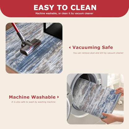 KOZYFLY Modern Abstract Washable Rug Runner 2x7 Hallway Runner Rug Non-Slip Soft Kitchen Runner Rugs, Print Blue Rust Striped Carpet Runner for Entryway Bathroom Laundry Room Foyer - color: Blue Rust White, size: 2' x 7' (Runner)