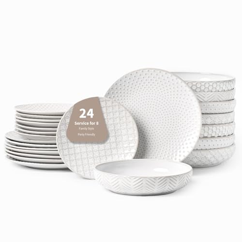 FOBENTA 24-Piece Embossed Ceramic Dinnerware Set–8 Dinner Plates, 8 Salad Plates, 8 Pasta Bowls,Elegant & Durable Tableware for Large Families, Dishwasher & Microwave Safe - size: Service for 8-24Pcs (Pasta Bowl)
