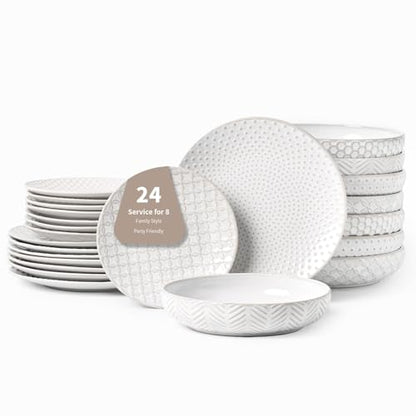 FOBENTA 24-Piece Embossed Ceramic Dinnerware Set–8 Dinner Plates, 8 Salad Plates, 8 Pasta Bowls,Elegant & Durable Tableware for Large Families, Dishwasher & Microwave Safe - size: Service for 8-24Pcs (Pasta Bowl)