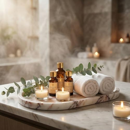 Natural Marble Vanity Tray for Bathroom Counter, Stone Catchall Tray for Perfume, Soap, Jewelry and Skincare, Bathroom Countertop Organizer for Vanity, Dresser or Kitchen Sink, 11.8 x 6.3 Inch