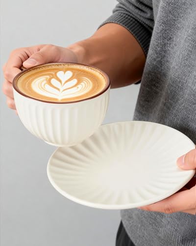11.5oz Ceramic Cappuccino Cup and Saucer Set,Large Coffee Cup with Saucer for Latte Art,Professional BaristaPorcelain Mug for Home,Cafe,Office,Microwave & Dishwasher Safe,Gift for Coffee Lovers - color: White Latte