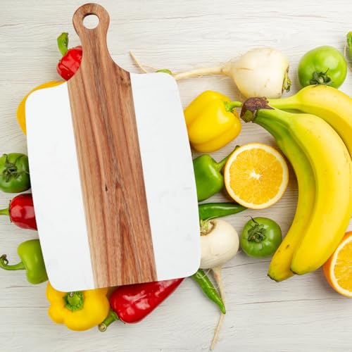 Cutting Board for Kitchen – 13.8" x 7.3" Wooden Serving Board with Handle for Steak Bread Cheese & Fruits – Marble and Acacia Butcher Block Chopping Board, Easy to Clean - color: White