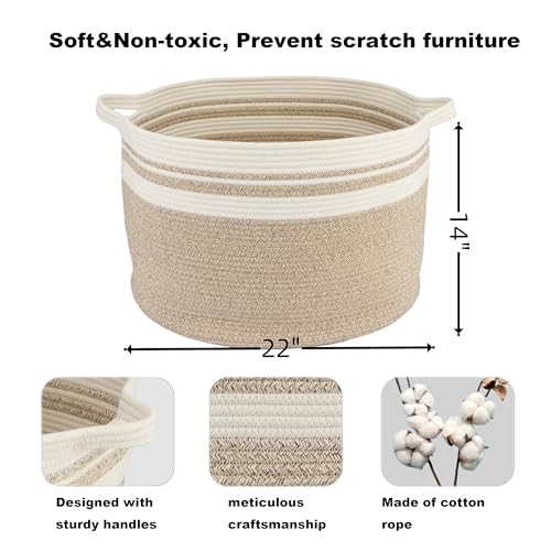 XUANGUO Extra Large Cotton Rope Round Storage Basket 22" x 14" | Woven basket for blankets, toys, towels, laundry, nursery, living room and pet toy storage. - color: white and brown
